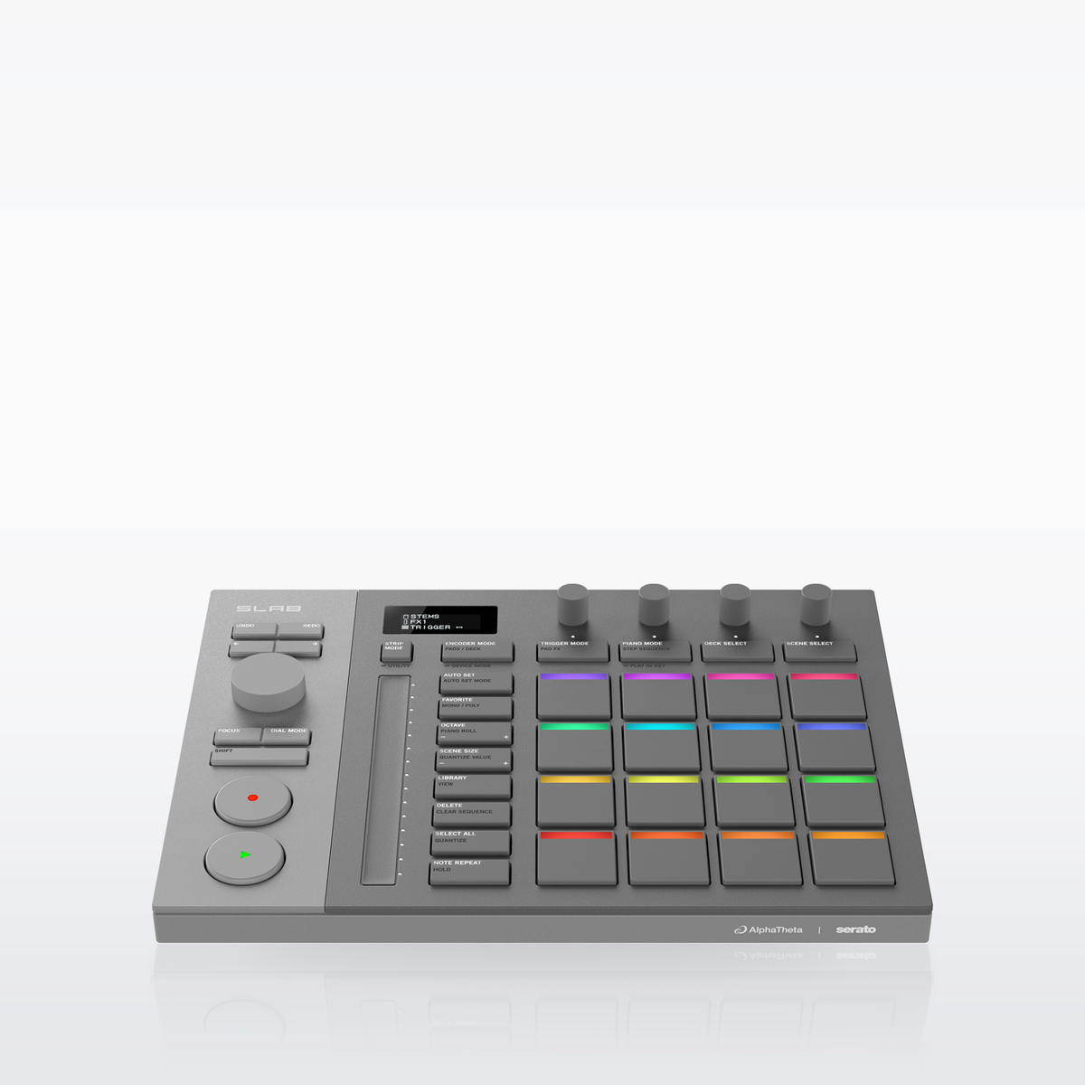AlphaTheta SLAB MIDI pad controller, angled view of the pads, dial and encoders