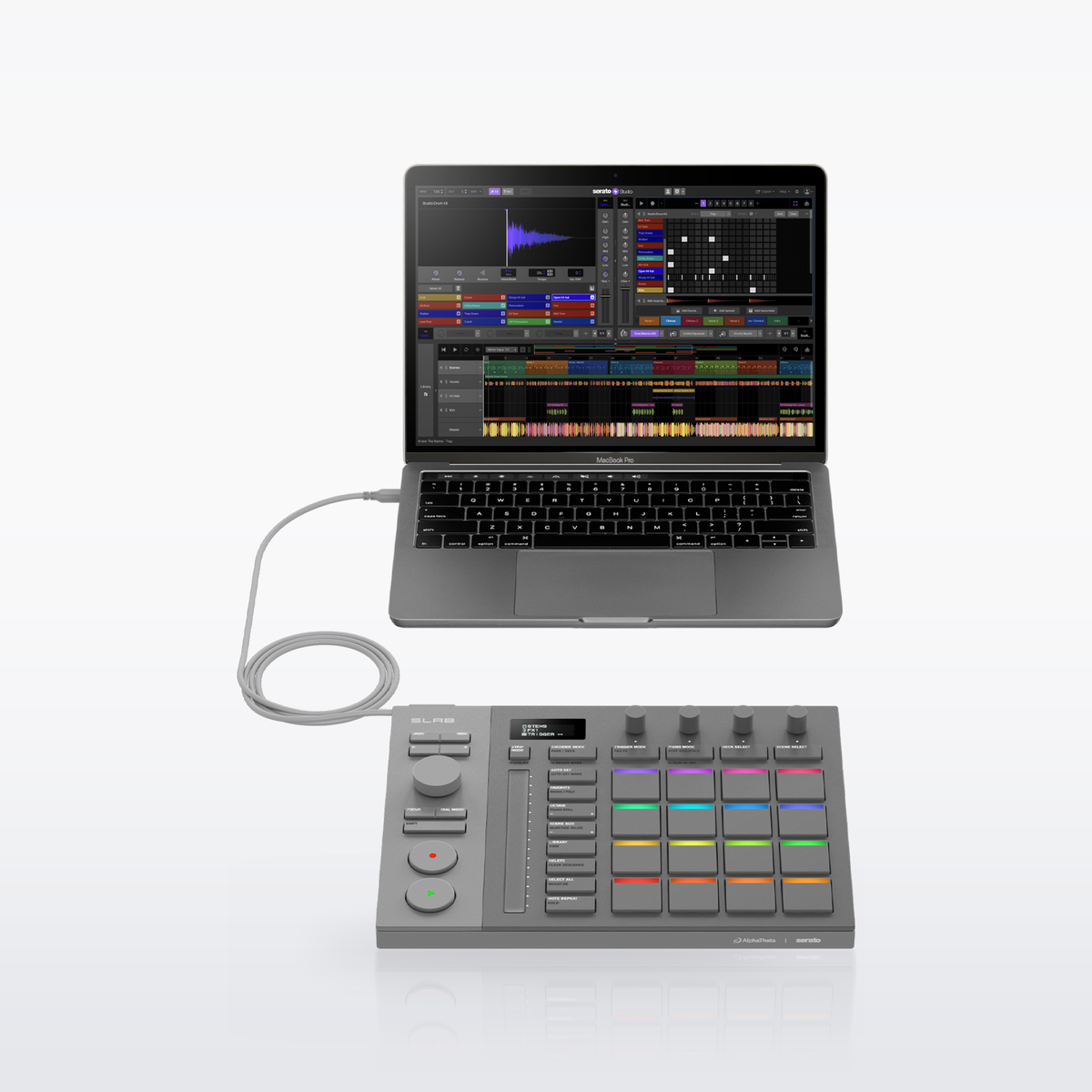 AlphaTheta SLAB connected by USB-C to a laptop running Serato Studio
