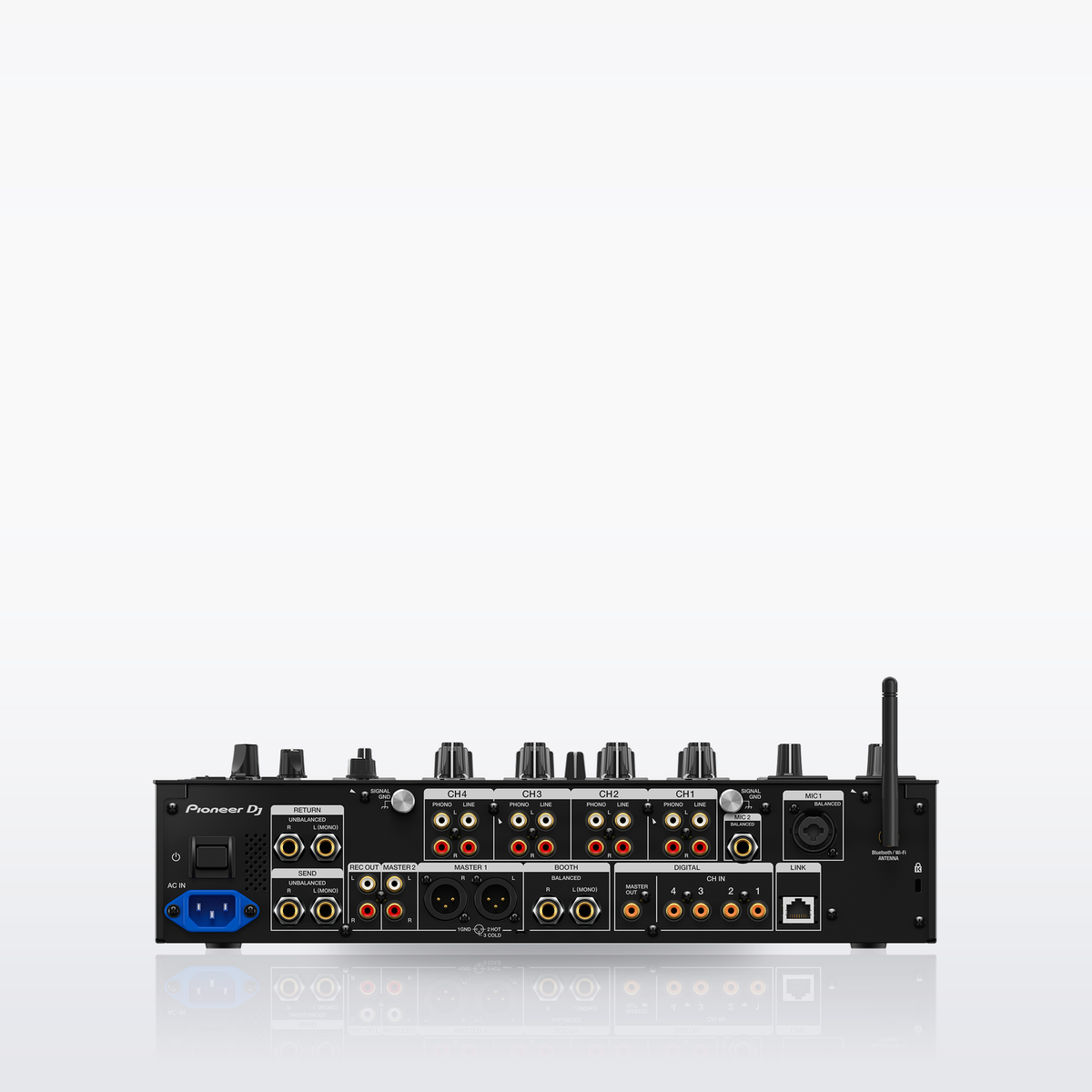 Pioneer DJ DJM-A9 rear panel with XLR and RCA master outputs, phono and line inputs, digital, USB and LAN