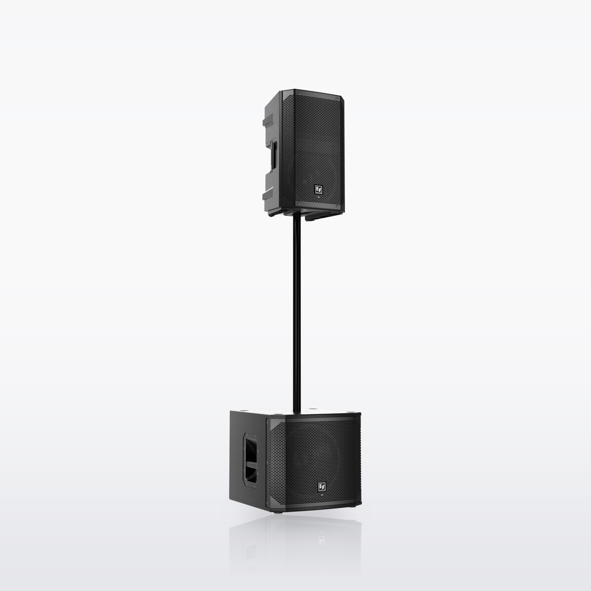 Electro-Voice ELX200-12SP powered subwoofer, with an ELX200-10P pole-mounted on top