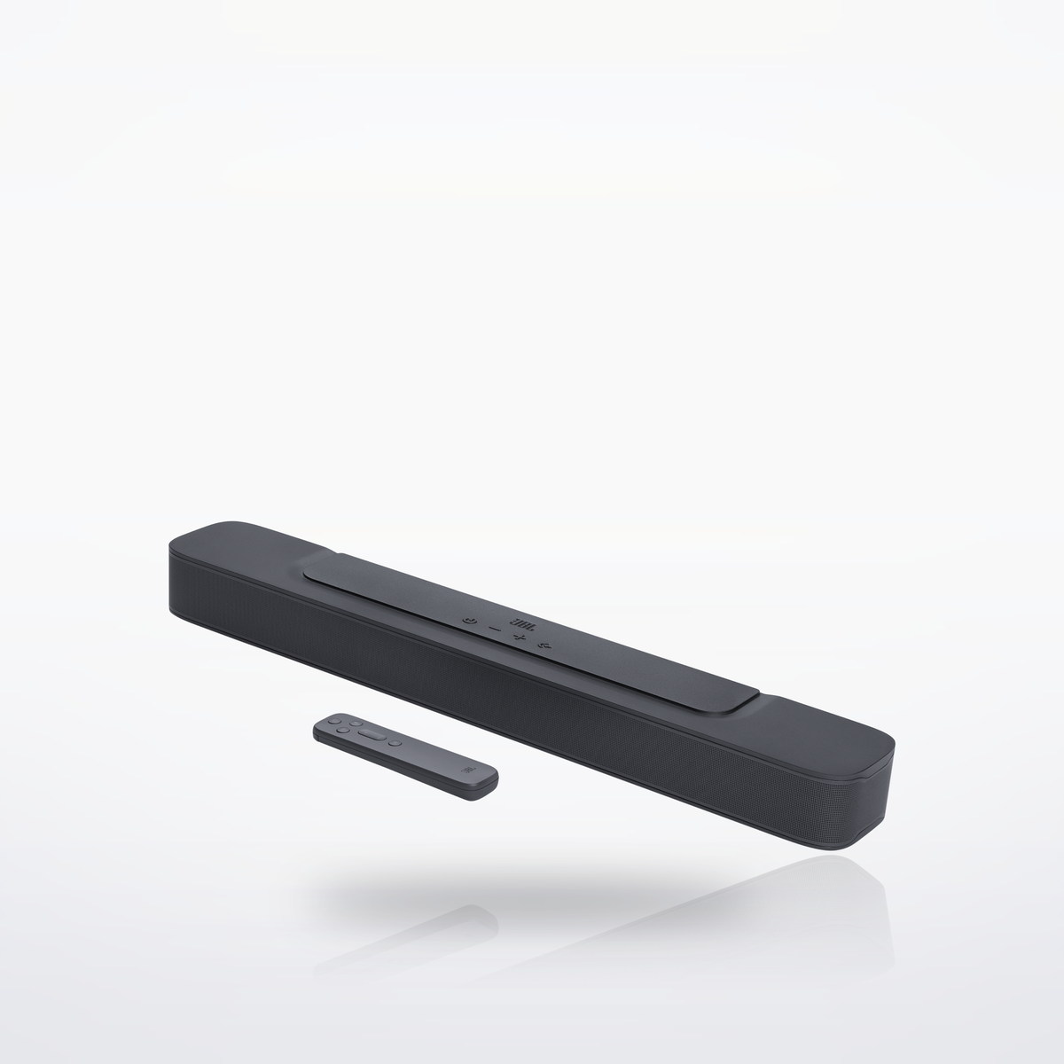 JBL Bar 2.0 All-in-One (MK2) soundbar, three-quarter front with remote