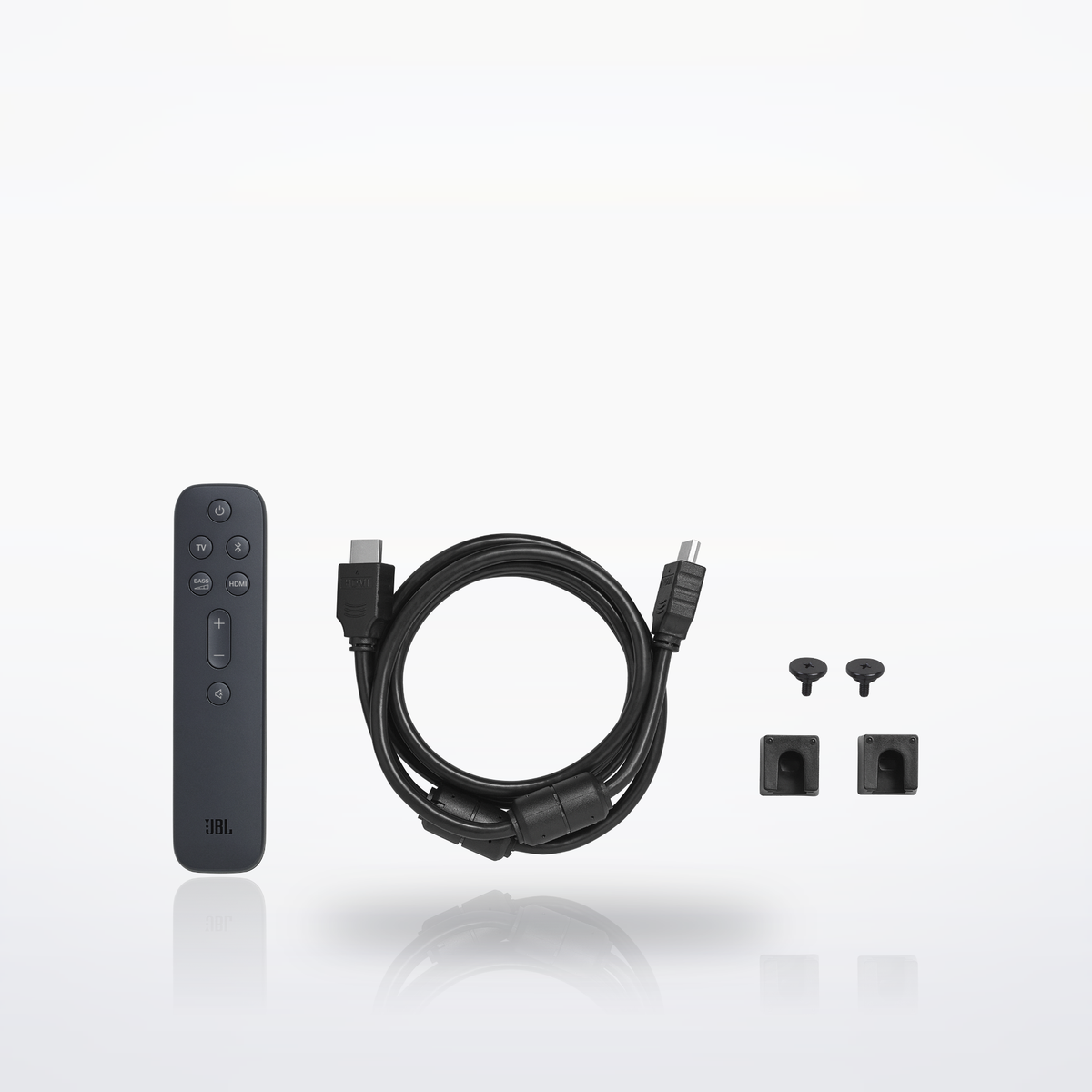 JBL Bar 2.1 Deep Bass (MK2), in the box: remote, HDMI cable and wall-mount brackets