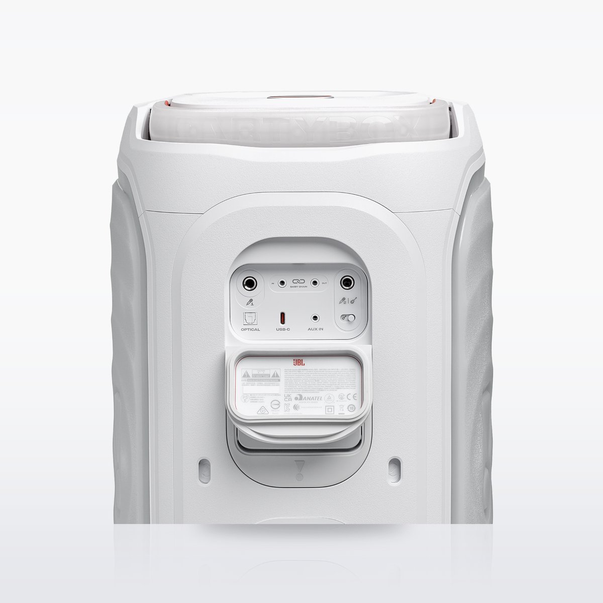 JBL PartyBox 130 rear panel with microphone and guitar inputs, White