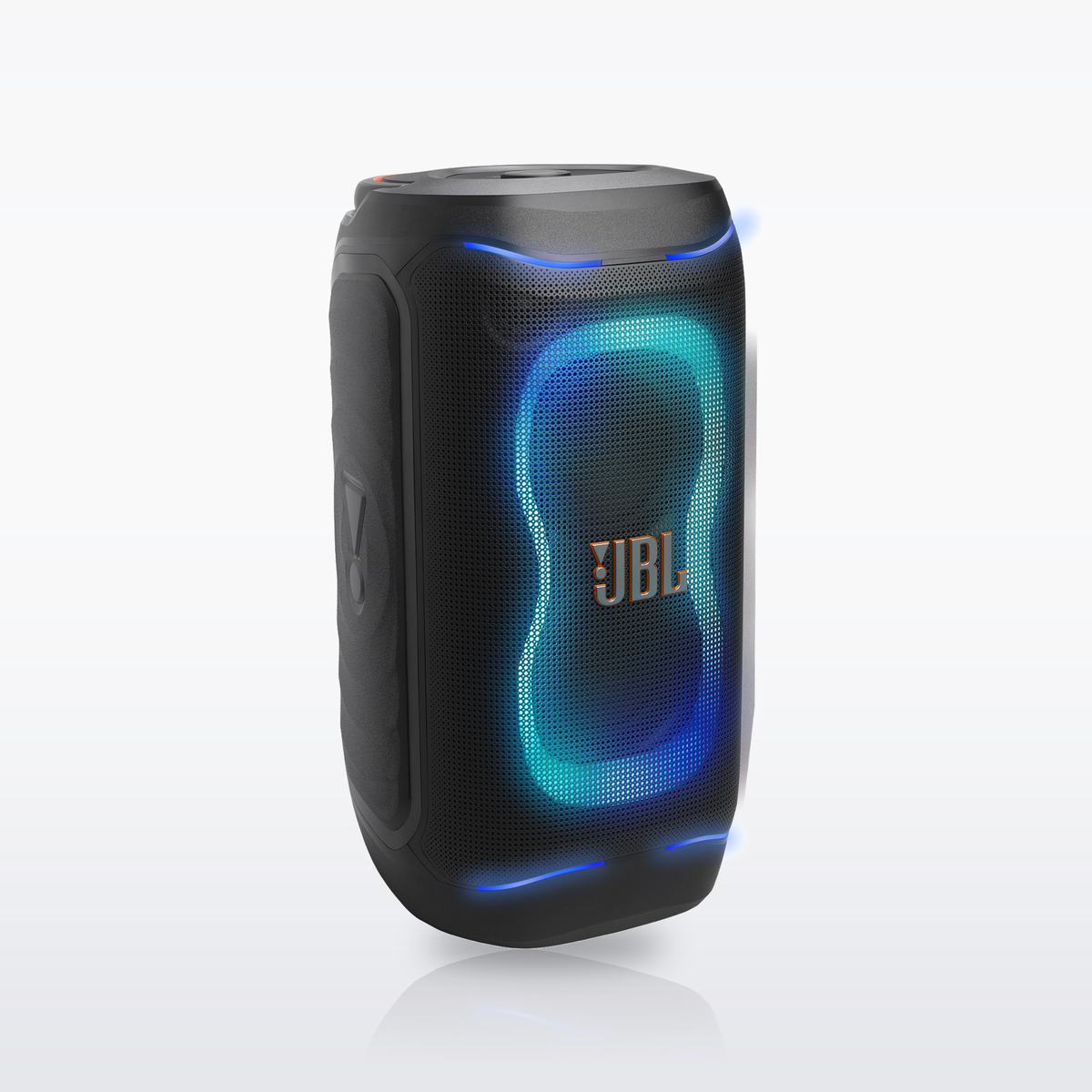 JBL PartyBox 130 portable party speaker, Black, front view with the lightshow lit