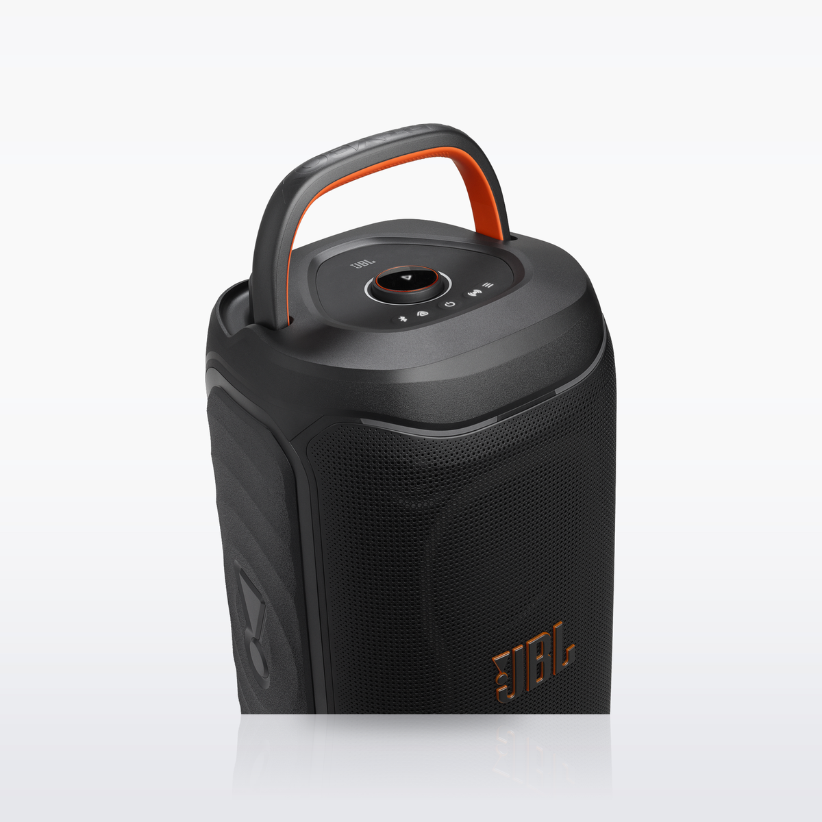 JBL PartyBox 130, Black, three-quarter view with the foldable handle up