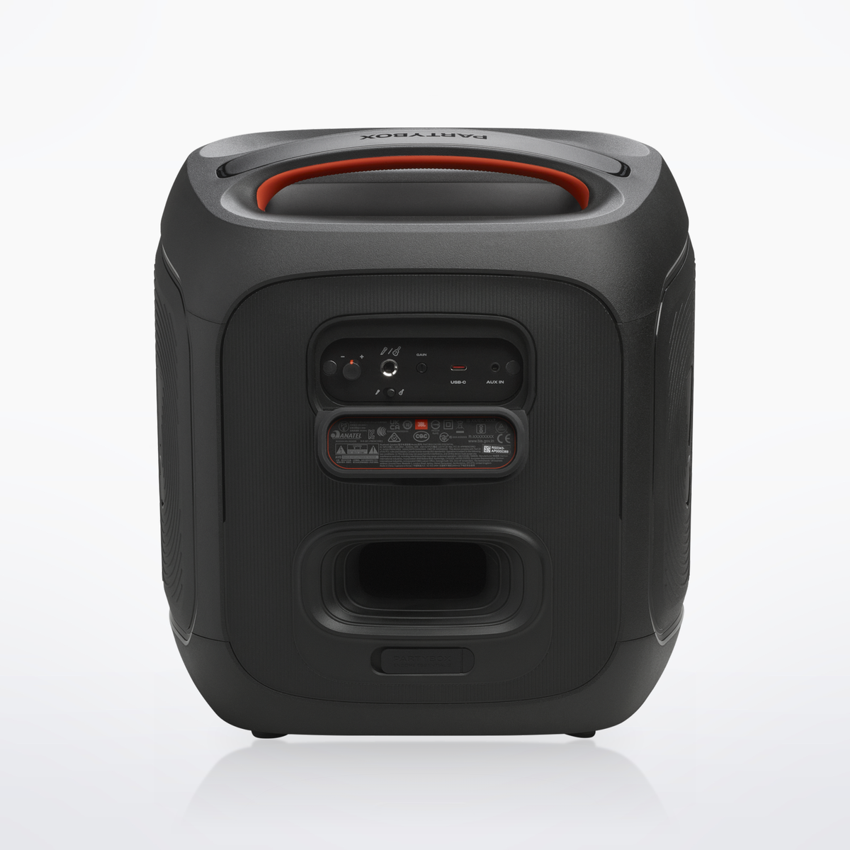 JBL PartyBox Encore Essential 2, rear connection panel with mic, guitar, aux and USB inputs