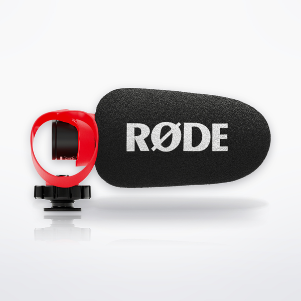 RØDE VideoMicro II on-camera microphone with foam windshield fitted, right side view