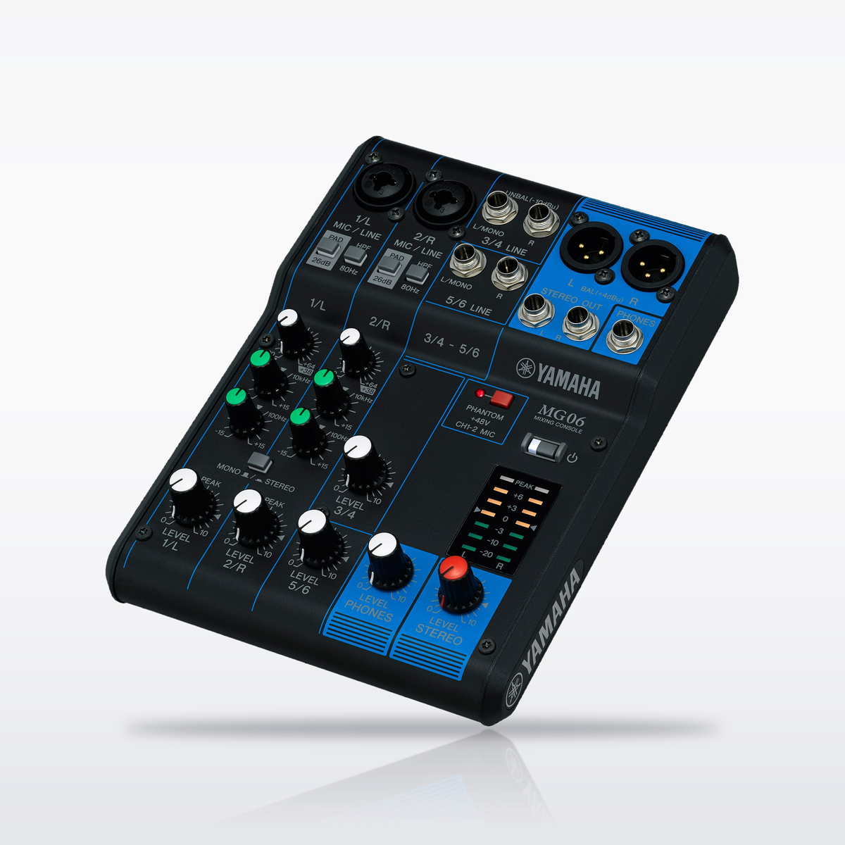 Yamaha MG06 6-channel analog mixer, angled view