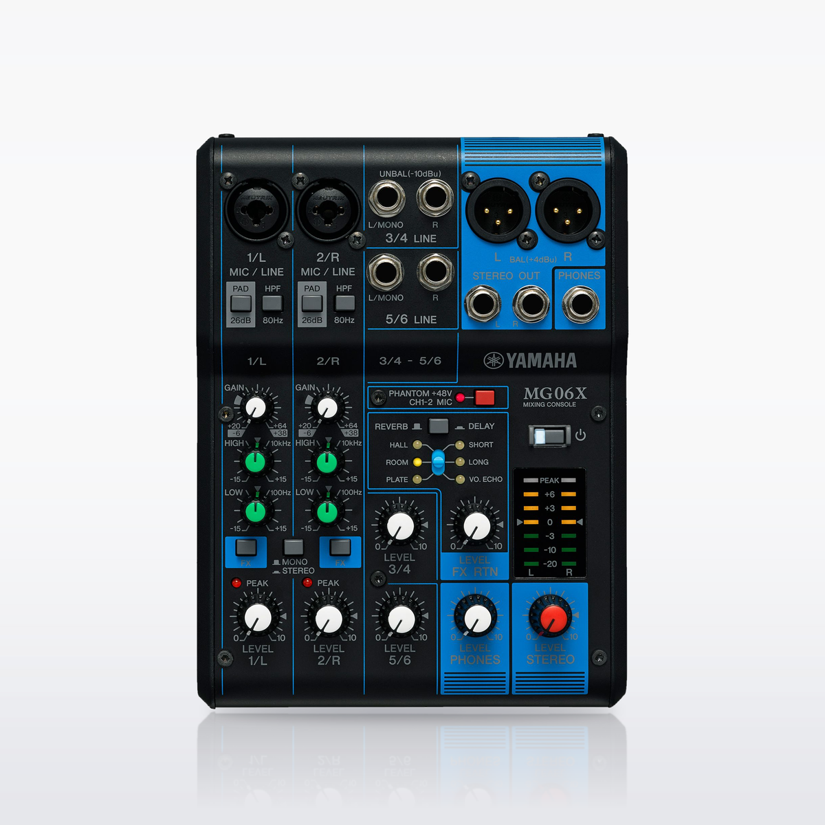 Yamaha MG06X mixer, control surface from above