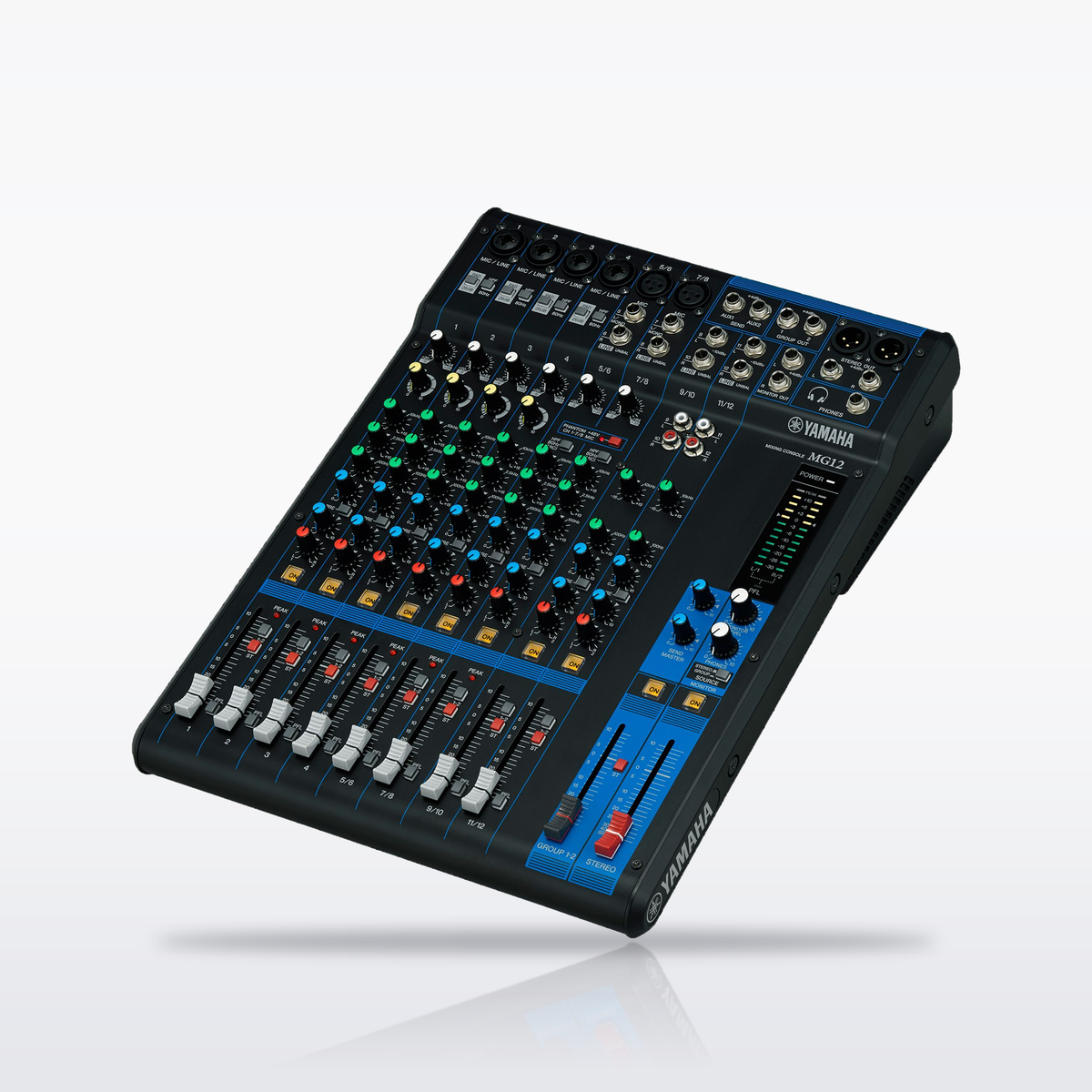 Yamaha MG12 12-channel analog mixer, angled view