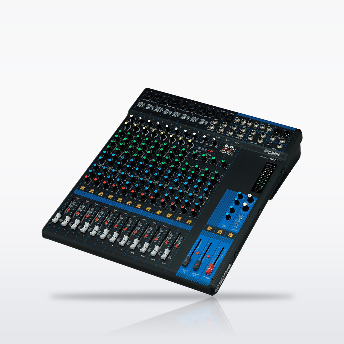 Yamaha MG16 16-channel analog mixer, angled view