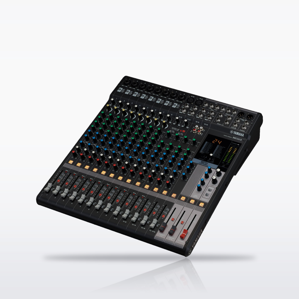 Yamaha MG16X 16-channel analog mixer with effects, angled view