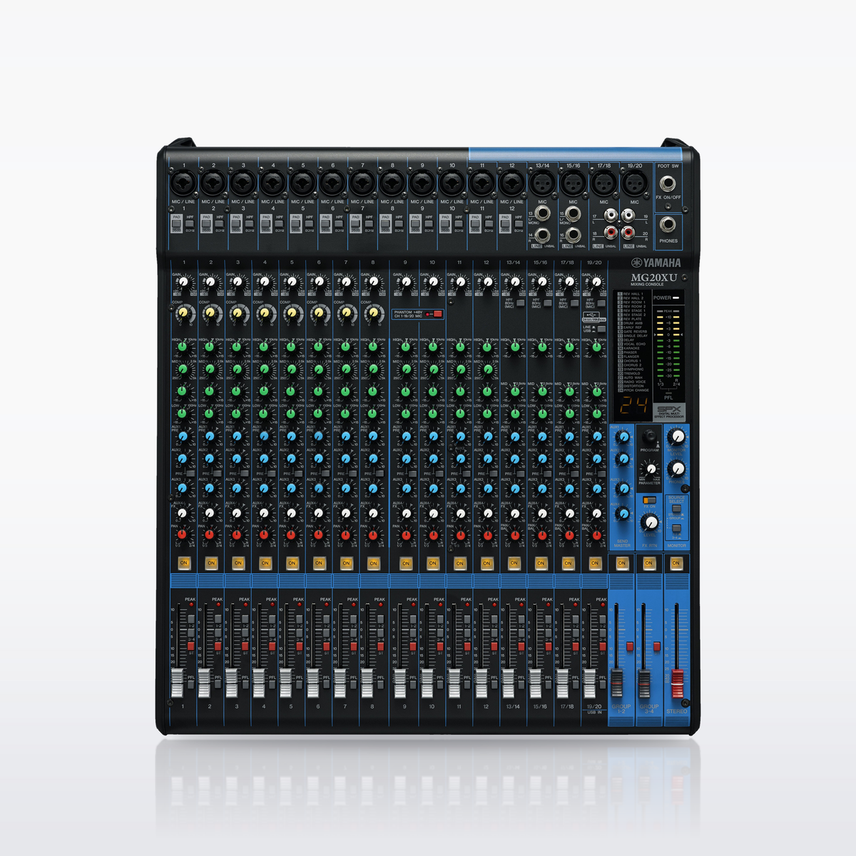 Yamaha MG20XU mixer, control surface from above