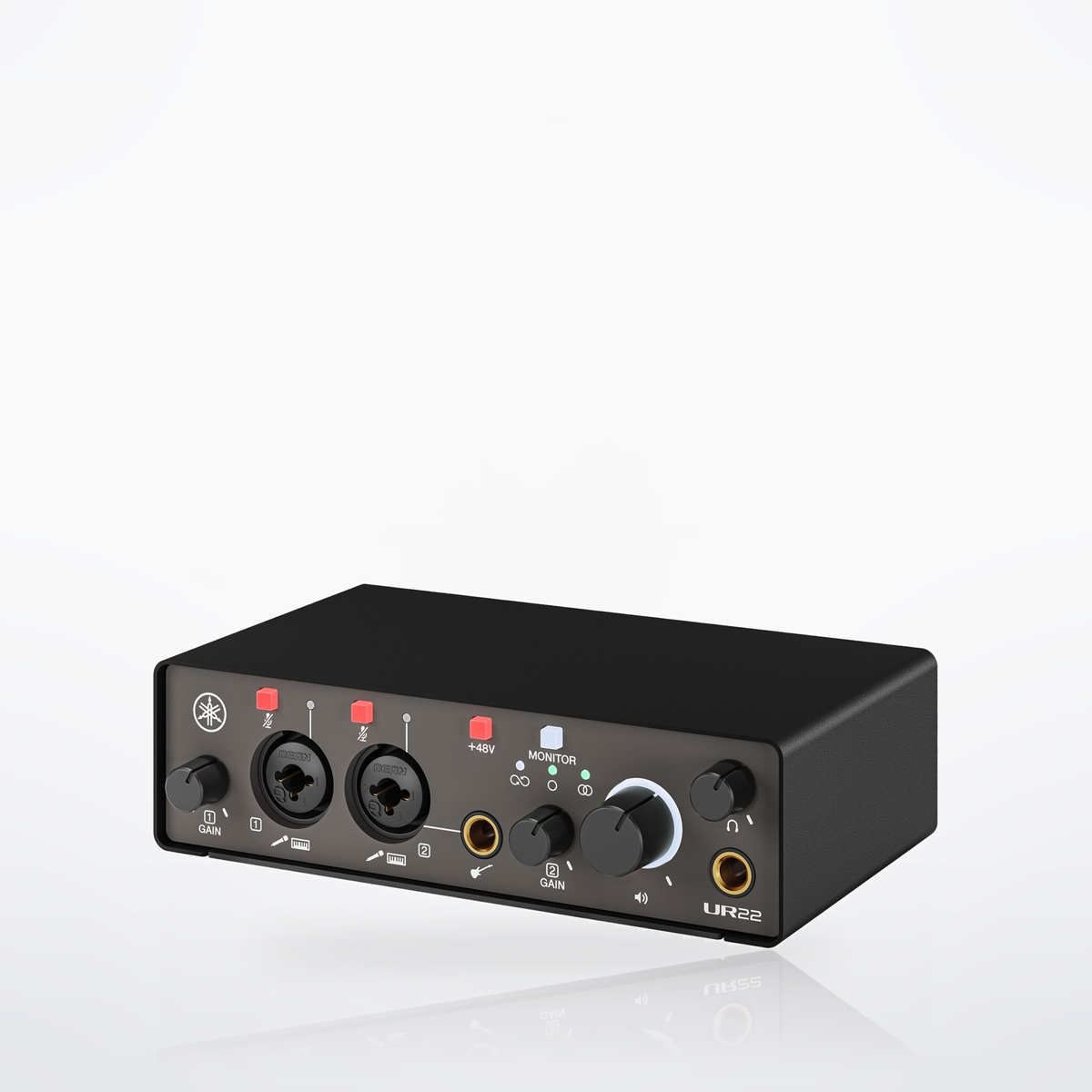 Yamaha UR22MK3 USB-C audio interface, Black, three-quarter view