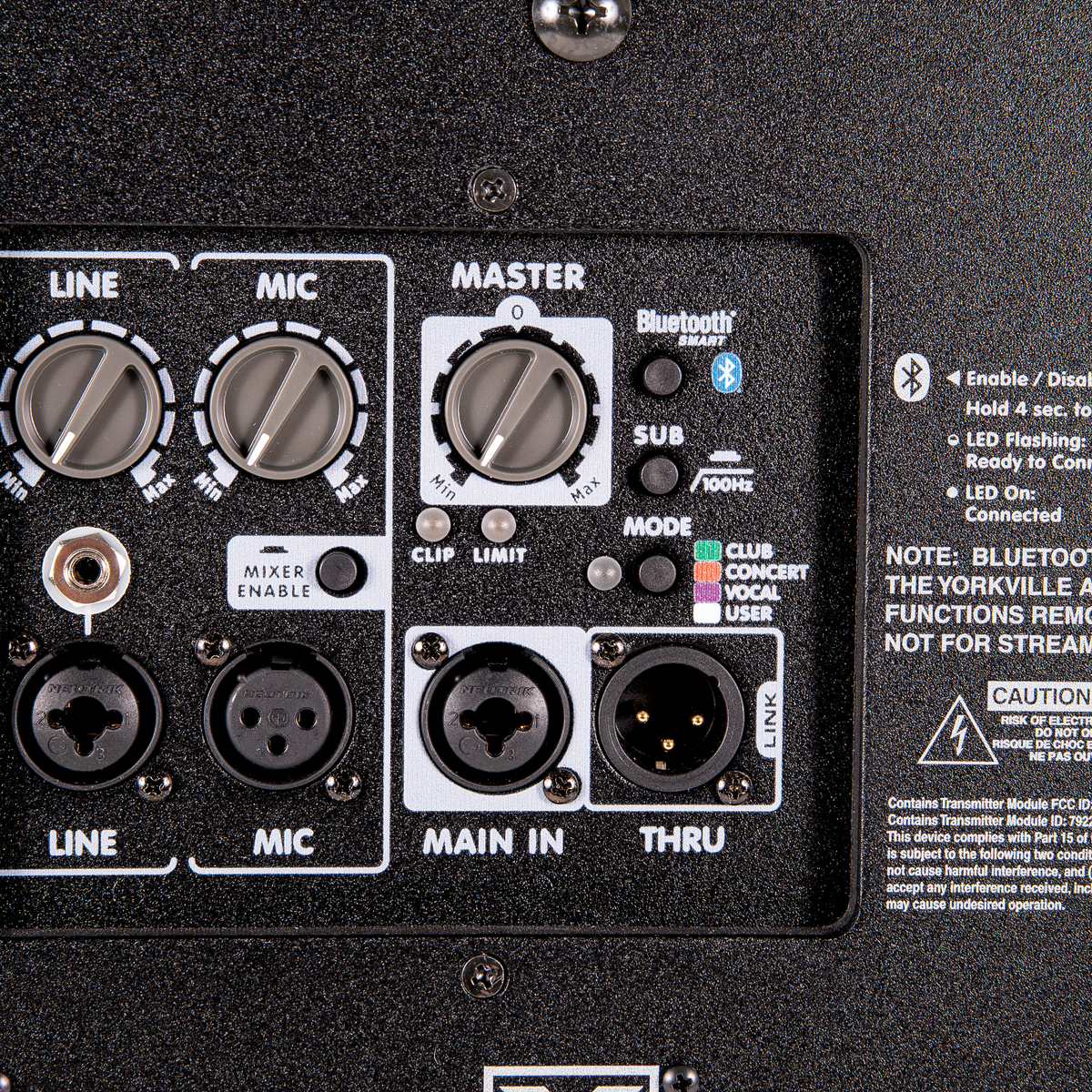 Yorkville EF10P rear panel with mixer, DSP mode and Bluetooth controls