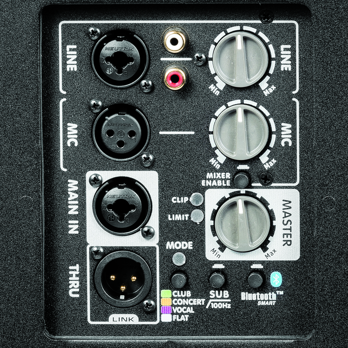 Yorkville EF215P rear panel close-up with mixer and DSP controls