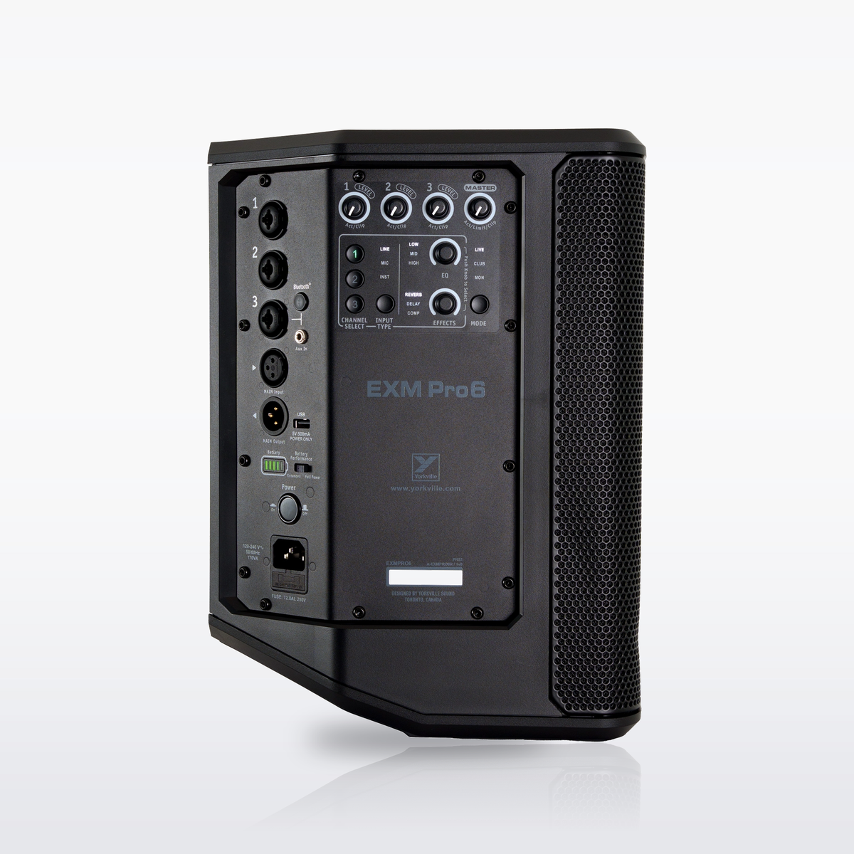 Yorkville EXM Pro6 battery-powered PA speaker, rear view