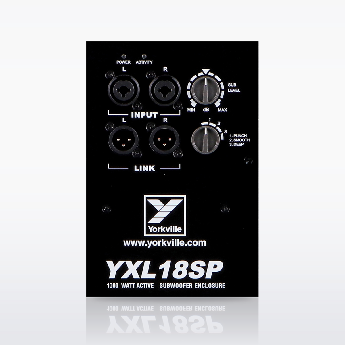 Yorkville YXL18SP control panel with inputs and voicing modes