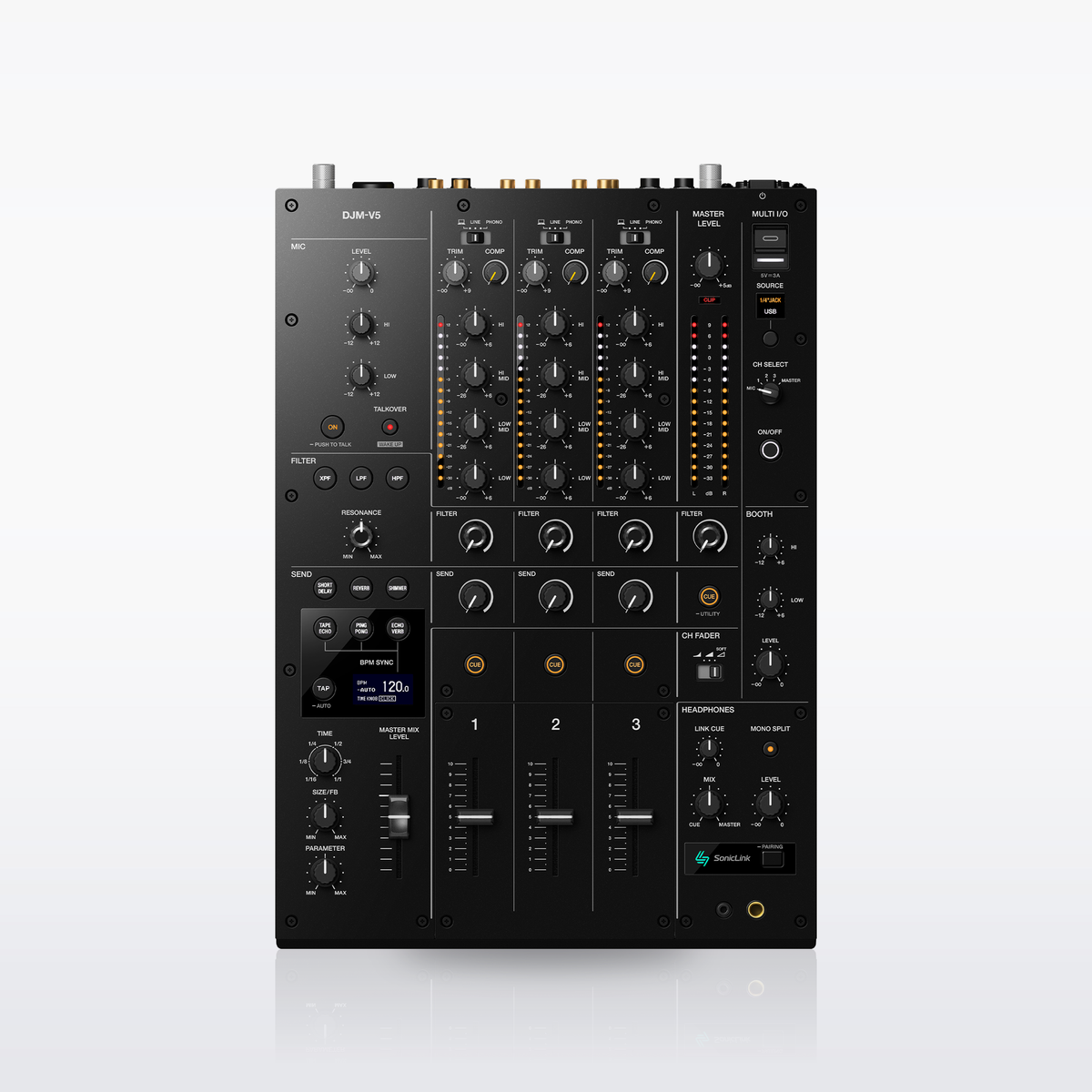 AlphaTheta DJM-V5 3-channel DJ mixer, top view