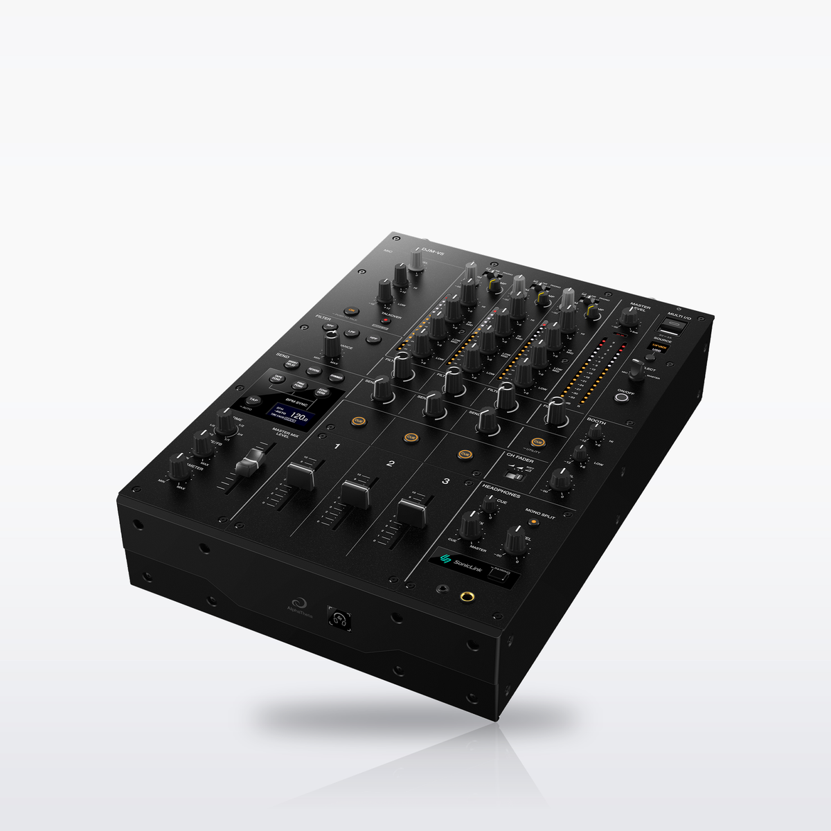 AlphaTheta DJM-V5 3-channel DJ mixer, three-quarter view