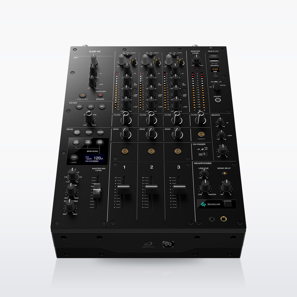 AlphaTheta DJM-V5 3-channel DJ mixer, front angle view