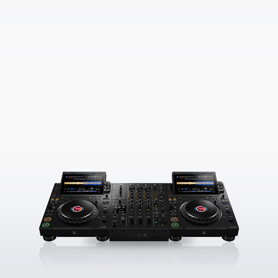 AlphaTheta DJM-V5 mixer between two CDJ-3000X players