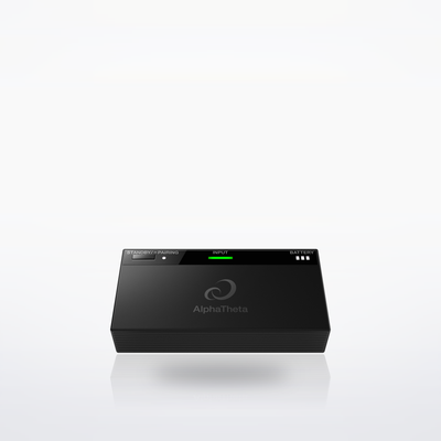 AlphaTheta HDJ-F10-TX, HP-TX01 transmitter, front three-quarter view