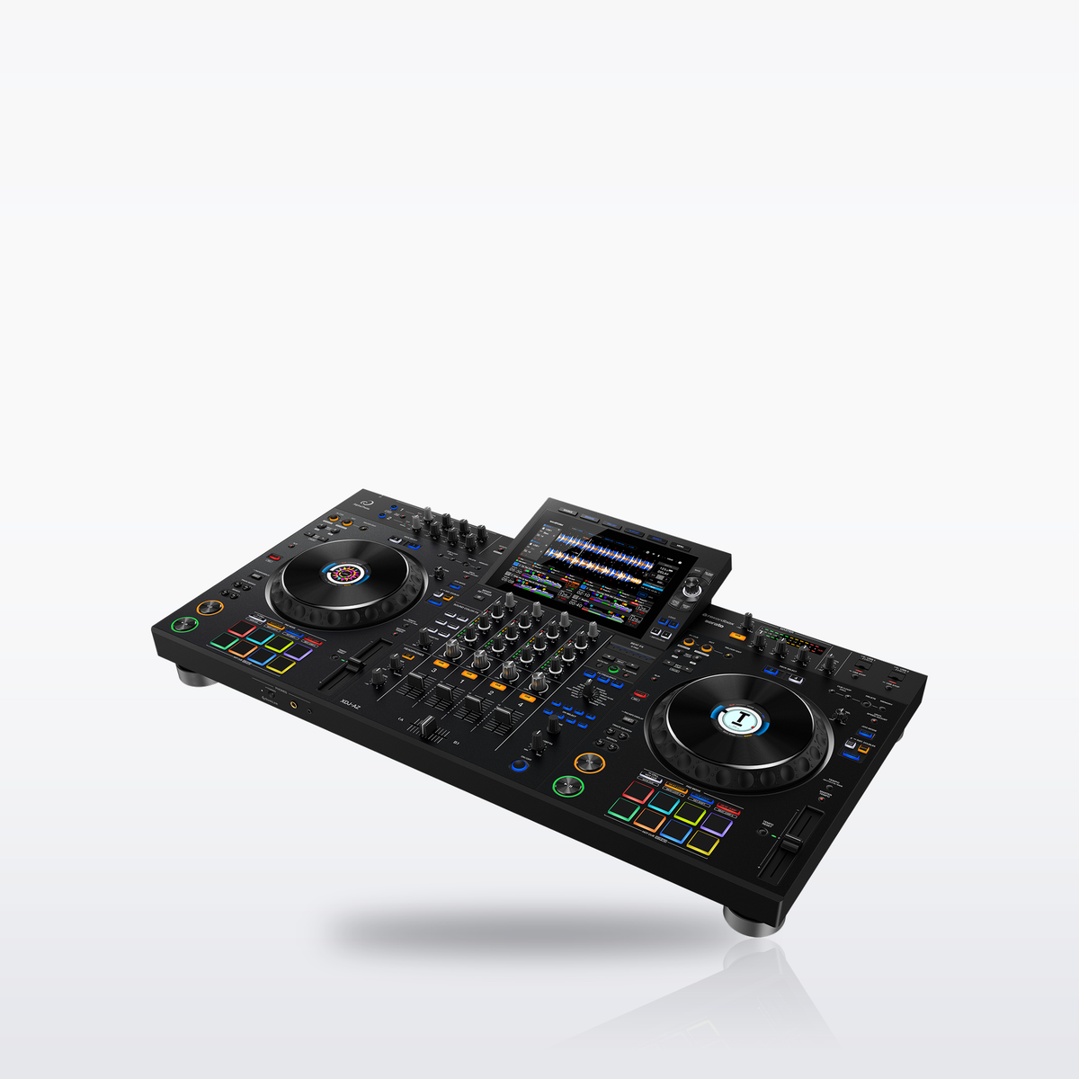 AlphaTheta XDJ-AZ all-in-one DJ system, angled view with the touchscreen raised