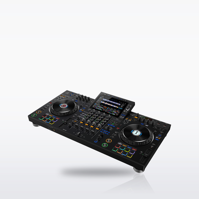 AlphaTheta XDJ-AZ all-in-one DJ system, angled view with the touchscreen raised