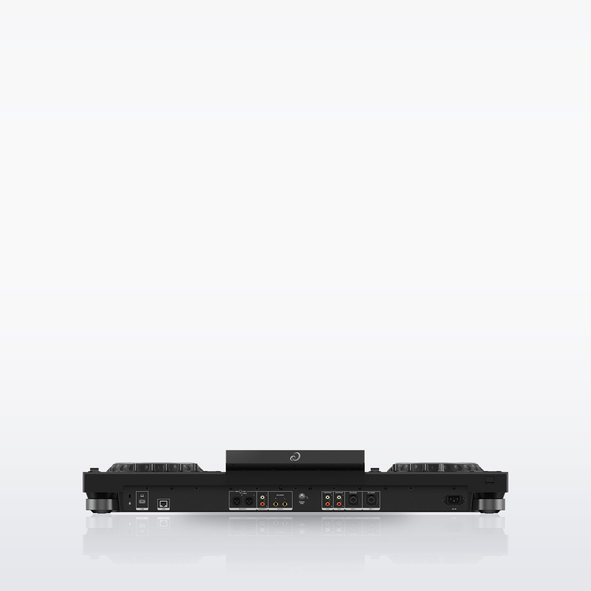 AlphaTheta XDJ-AZ rear panel with XLR and RCA master outputs, booth output, mic and line inputs, USB and LAN