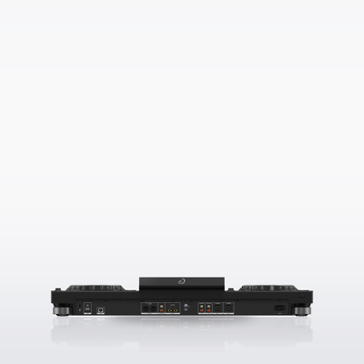 AlphaTheta XDJ-AZ rear panel with XLR and RCA master outputs, booth output, mic and line inputs, USB and LAN