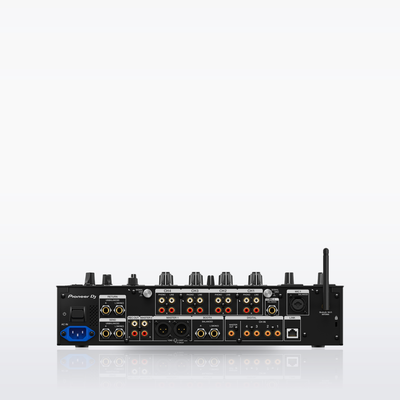Pioneer DJ DJM-A9 rear panel with XLR and RCA master outputs, phono and line inputs, digital, USB and LAN