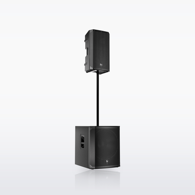 Electro-Voice ELX200-12P powered loudspeaker, pole-mounted over an ELX200-18SP subwoofer