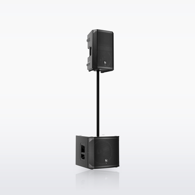 Electro-Voice ELX200-12SP powered subwoofer, with an ELX200-10P pole-mounted on top