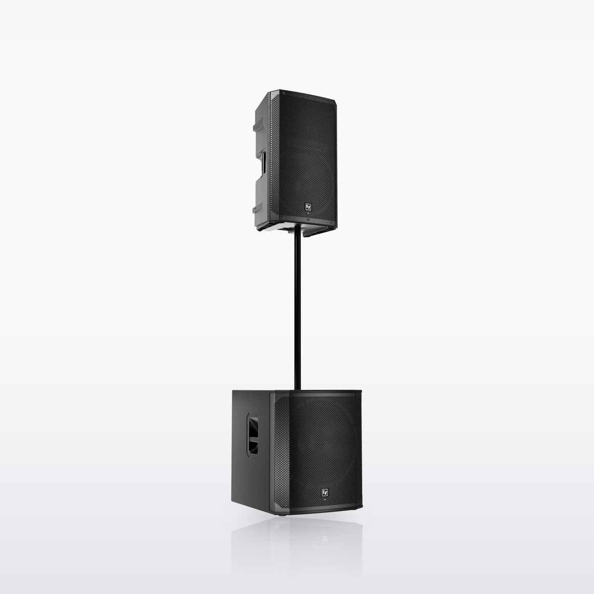 Electro-Voice ELX200-18SP powered subwoofer, with an ELX200-15P pole-mounted on top