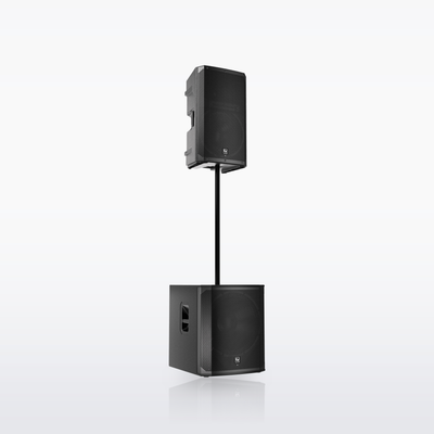 Electro-Voice ELX200-18SP powered subwoofer, with an ELX200-15P pole-mounted on top
