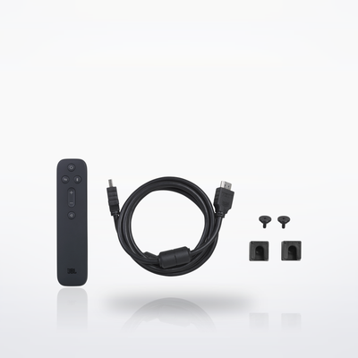 JBL Bar 2.0 All-in-One (MK2) soundbar, in the box: remote, HDMI cable and wall-mount brackets