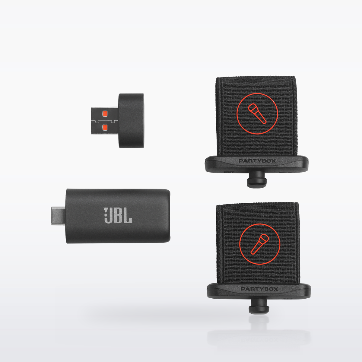 JBL EasySing Mics AI dongle, USB adapter and two microphone holders