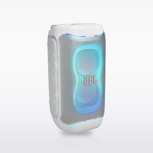 JBL PartyBox 130 portable party speaker, White, front view with the lightshow lit