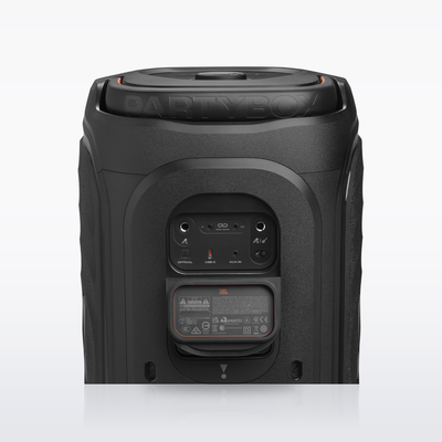 JBL PartyBox 130 rear panel with microphone and guitar inputs, Black