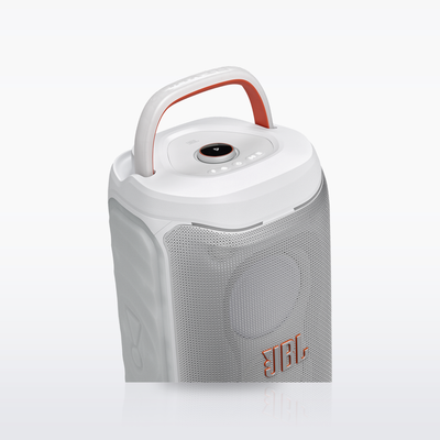 JBL PartyBox 130, White, three-quarter view with the foldable handle up