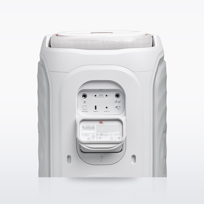 JBL PartyBox 130 rear panel with microphone and guitar inputs, White