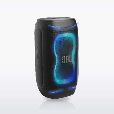 JBL PartyBox 130 portable party speaker, Black, front view with the lightshow lit