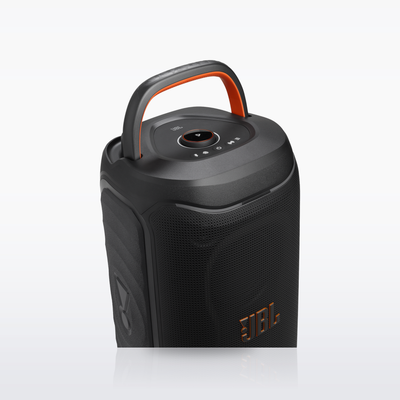 JBL PartyBox 130, Black, three-quarter view with the foldable handle up