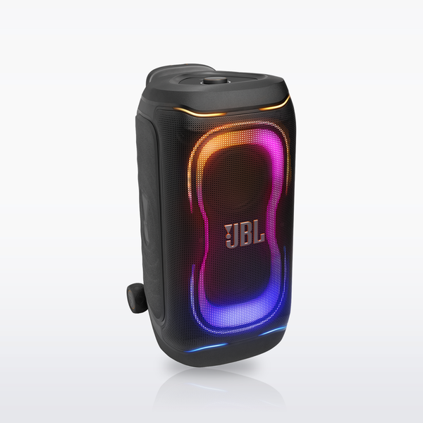 JBL PartyBox 330 portable party speaker, front view with the lightshow lit