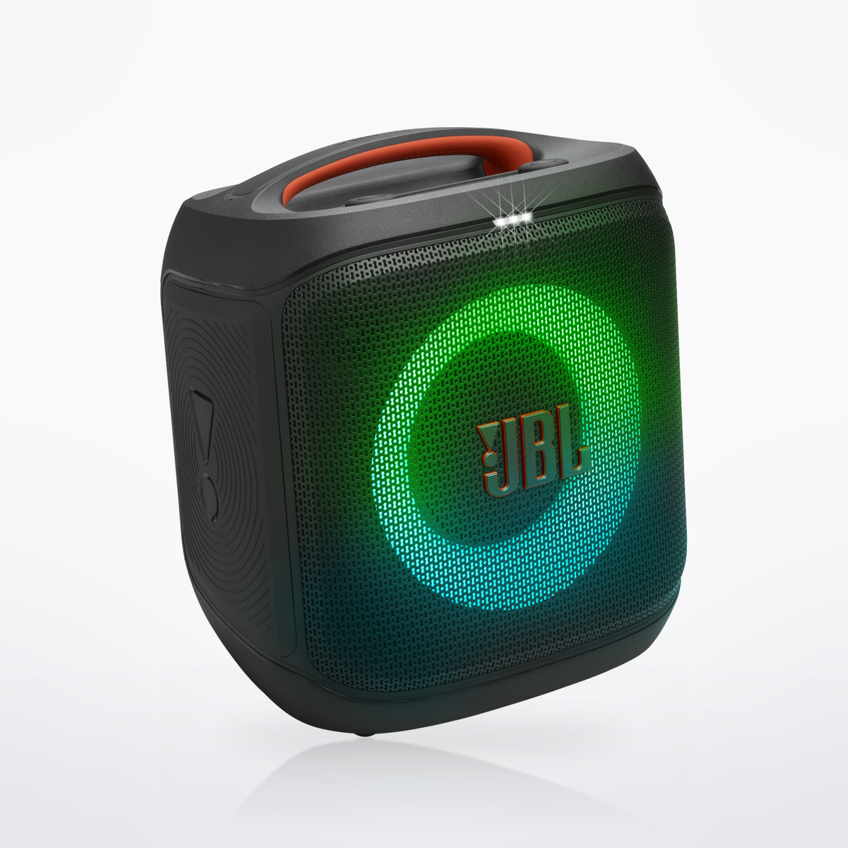 JBL PartyBox Encore Essential 2 party speaker, three-quarter view with lightshow