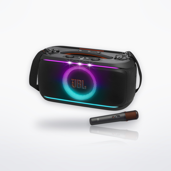 JBL PartyBox On-the-Go 2 Plus party speaker, Black, three-quarter view