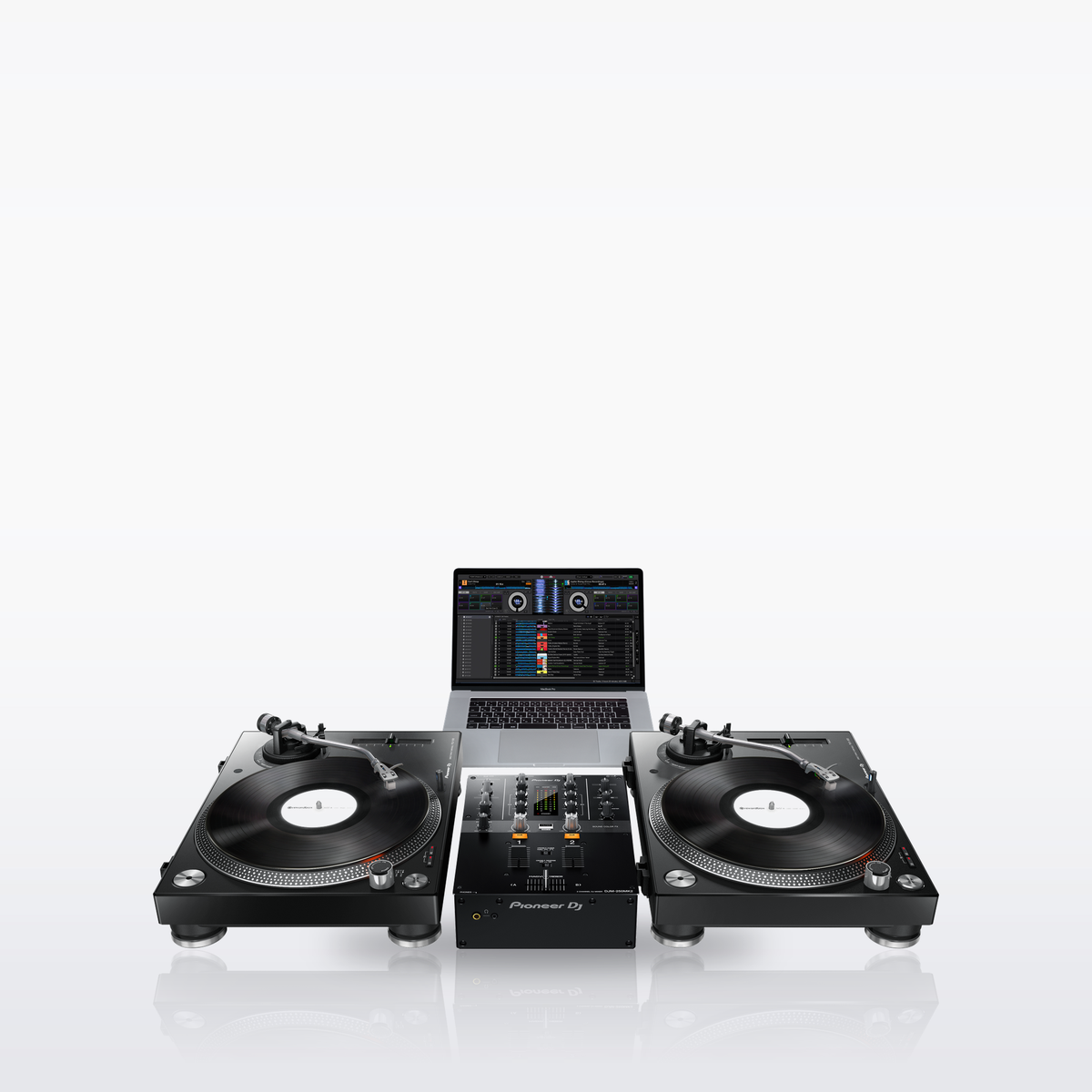 Pioneer DJ DJM-250MK2 mixer in a two-turntable DVS setup with a laptop
