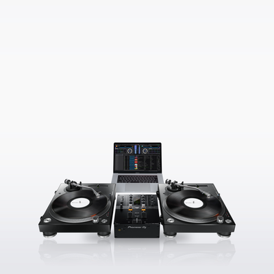 Pioneer DJ DJM-250MK2 mixer in a two-turntable DVS setup with a laptop