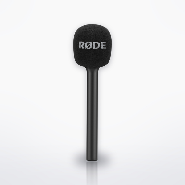 RØDE Interview GO handheld adapter with pop shield fitted, front view